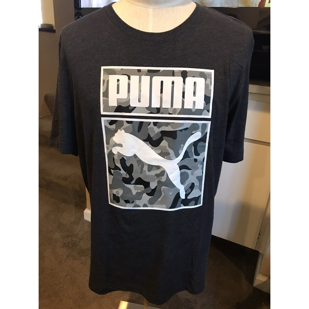 Puma Mens T-Shirt Camo Logo Print Gray Athletic Crewneck Short Sleeves Sz XXL